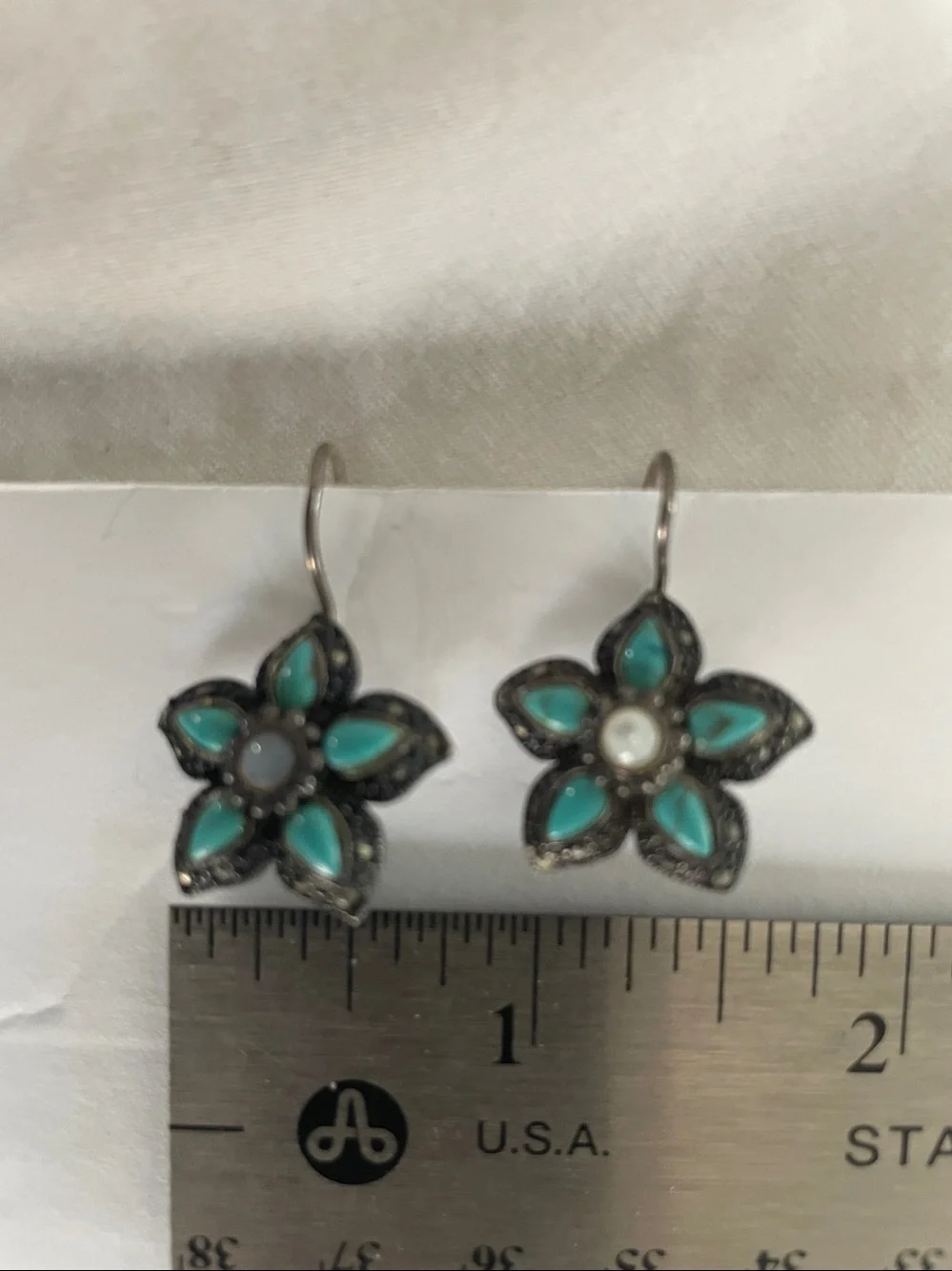 Sterling Silver 925 Genuine Turquoise/Pearl Pierced Earrings Vintage Flower